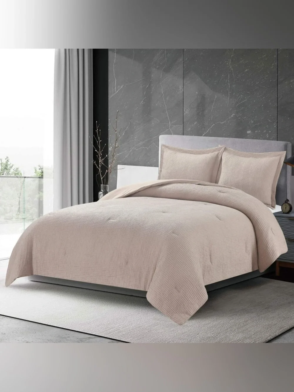 Neutral Beige Waffle-Textured king 3 piece Bedding Set